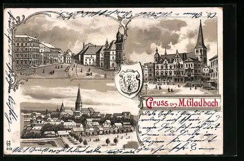Lithographie Mönchengladbach, Marktplatz, Rathaus, Wappen, Teilansicht
