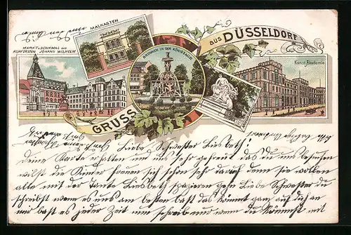 Lithographie Düsseldorf, Malkasten, Brunnen in der Königsallee, Kunst-Akademie