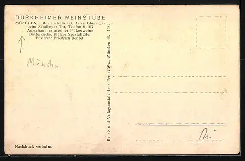 AK München, Dürkheimer Weinstube, Bes.: Friedrich Behret, Blumenstrasse 38