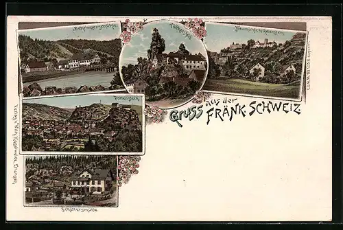 Lithographie Pottenstein /Fränk. Schweiz, Behringermühle, Neumühle, Schüttersmühle