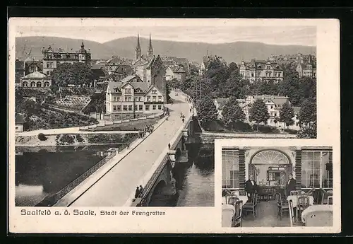 AK Saalfeld /Saale, Teilansicht mit Brücke, Bahnhofswirtschaft, Innenansicht