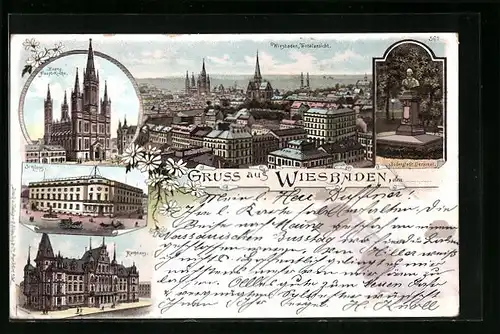 Lithographie Wiesbaden, Totalansicht der Stadt, Evangel. Hauptkirche, Schloss, Rathaus