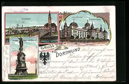 Lithographie Dortmund, Stadthafen, Stadttheater, Fredenbaum, Kriegerdenkmal