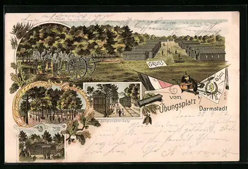Lithographie Darmstadt, Übungsplatz, Dampfstrassenbahn, Lager-Strasse