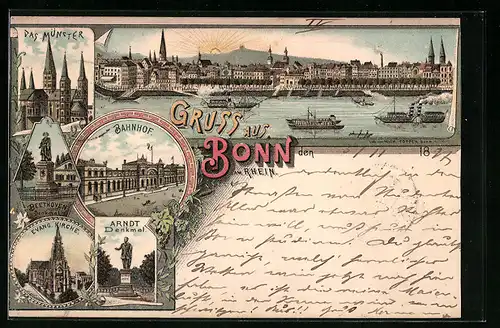 Lithographie Bonn, Ortsansicht mit Rheinbrücke, Bahnhof, Münster