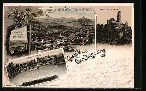 Lithographie Godesberg, Neuer Kurpark, Ruine, Aussicht v. d. Ruine Godesberg, Ortsansicht u. d. Siebengebirge