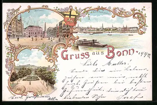 Lithographie Bonn, Marktplatz, Ortsansicht von Beuel aus, Kaiserplatz Poppelsdorfer Allee