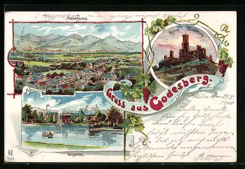 Lithographie Godesberg, Ortsansicht, Kurgarten, Ruine Godesberg