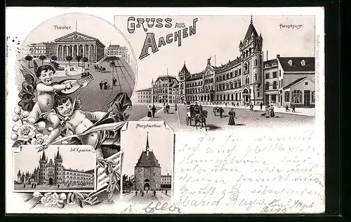 Lithographie Aachen, Hauptpost, Theater, Infanterie-Kaserne, Marschierthor