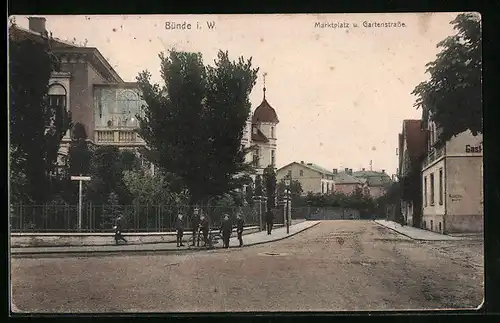 AK Bünde i. W., Marktplatz und Gartenstrasse