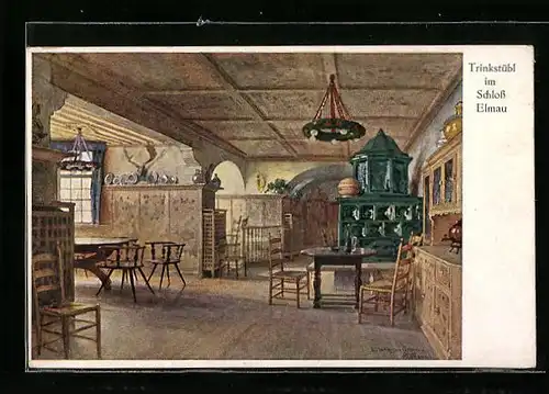 Künstler-AK Edward Harrison Compton: Klais /Oberbayern, Innenansicht des Trinkstübls im Schloss Elmau