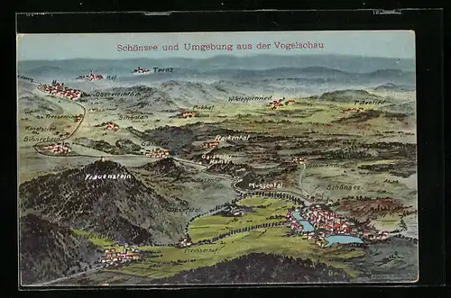 Künstler-AK Eugen Felle: Schönsee und Umgebung aus der Vogelschau