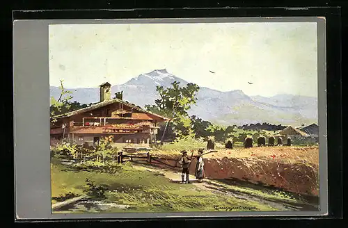 Künstler-AK Theodor Guggenberger: Schweizer Landschaft - Haus und Weizenfeld