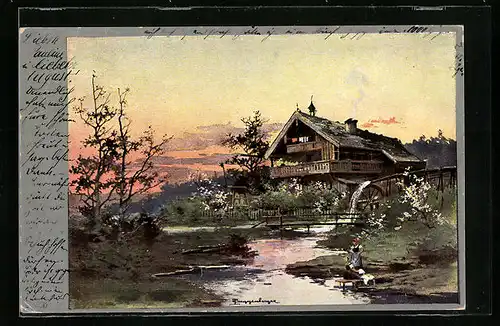 Künstler-AK Theodor Guggenberger: Schweizer Landschaft - Wassermühle an einem Bach