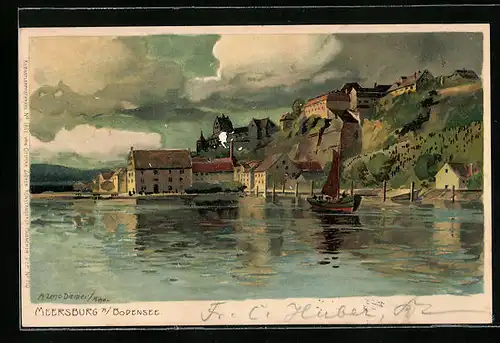 Künstler-AK Zeno Diemer: Meersburg a. Bodensee, Ortsansicht mit Segelboot