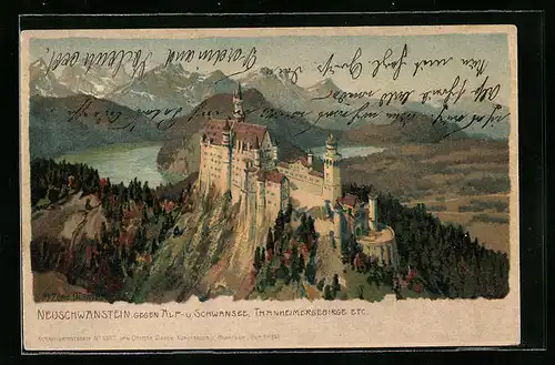 Künstler-AK Zeno Diemer: Neuschwanstein mit Schwansee und Thanheimergebirge