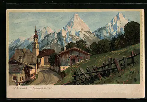 Künstler-AK Zeno Diemer: Lermoos, Strassenpartie mit Kirche und Sonnenspitze