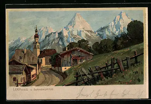 Künstler-AK Zeno Diemer: Lermoos, Strassenpartie mit Kirche und Sonnenspitze