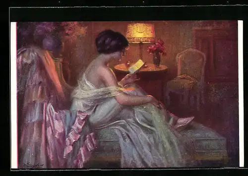 Künstler-AK Delphin Enjolras: Hübsche junge Dame mit einem Buch