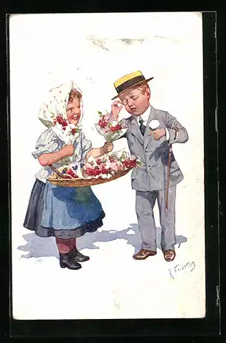 Künstler-AK Karl Feiertag: Zwei Kinder mit Blumen