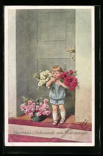Künstler-AK Karl Feiertag: Kind mit Rosen, Namenstag