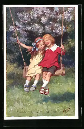 Künstler-AK Karl Feiertag: Zwischen Himmel und Erde, Zwei Kinder schaukeln