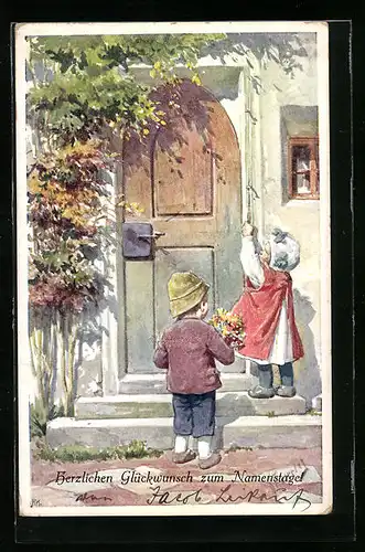 Künstler-AK Karl Feiertag: Kinder mit Blumen klingeln an Haustür