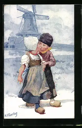 Künstler-AK Karl Feiertag: Holländische Kinder küssen sich
