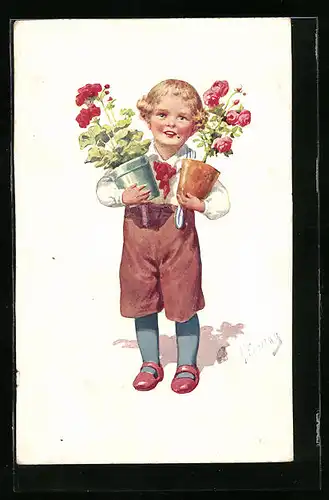 Künstler-AK Karl Feiertag: Kind mit Blumentöpfen