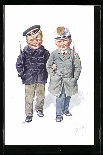 Künstler-AK Karl Feiertag: Zwei Kinder in Studentenkleidung