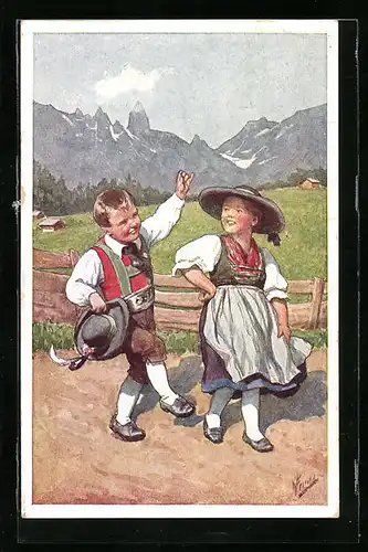 Künstler-AK Karl Feiertag: Kinder in festlicher Kleidung tanzen