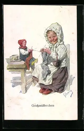 Künstler-AK Karl Feiertag: Grossmütterchen, Kind strickt mit Puppe