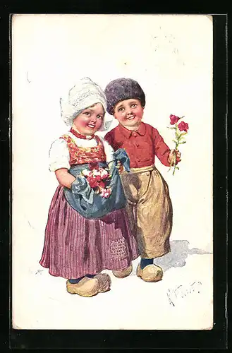 Künstler-AK Karl Feiertag: Lächelnde Kinder mit Blumen