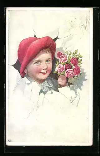 Künstler-AK Karl Feiertag: Kind mit rotem Hut und Blumenstrauss