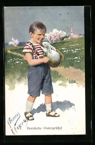 Künstler-AK Karl Feiertag: Junge trägt Hase