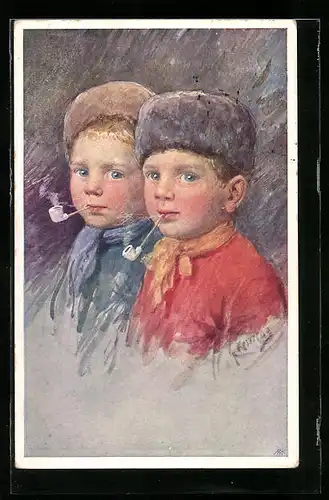 Künstler-AK Karl Feiertag: Burschen rauchen Preife