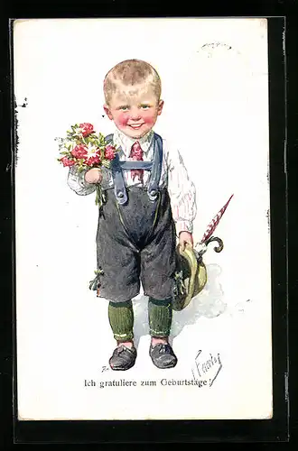 Künstler-AK Karl Feiertag: Kleiner Junge mit Blumenstrauss