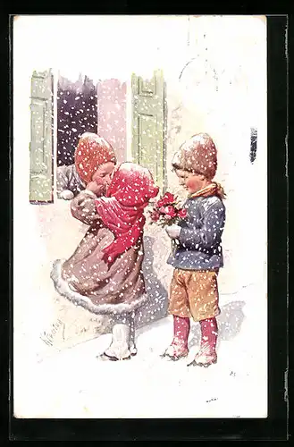 Künstler-AK Karl Feiertag: Kinder küssen sich