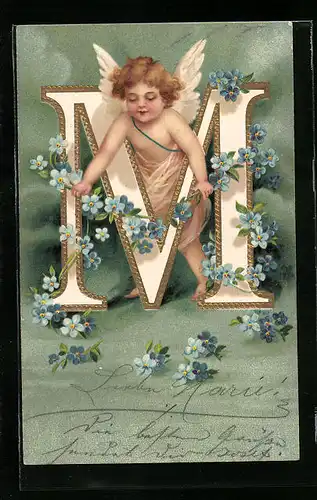 Präge-AK Amor mit Buchstabe M