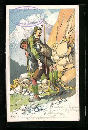 Künstler-AK F. Gareis: Mann und Verletzter beim Bergsteigen