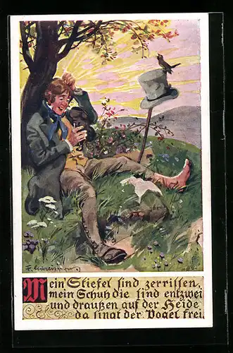 Künstler-AK F. Gareis: Mann mit zerrissenem Schuh