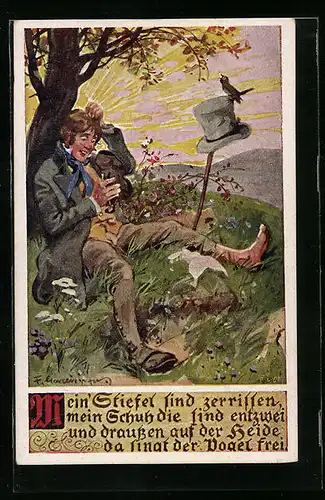 Künstler-AK F. Gareis: Wanderer mit zerrissenem Schuh