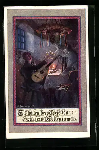 Künstler-AK F. Gareis: Mann mit Gitarre bei Kerzenlicht