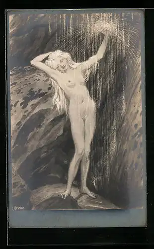 Künstler-AK Fidus: Nackte Jungfrau Am Wasserfall