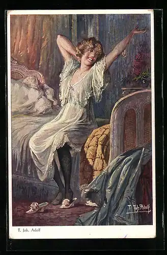 Künstler-AK Adolf (Jodolfi): Eine schlaflose Nacht, Junge Frau im Nachthemd