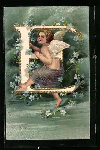 AK Amor läuft mit Buchstaben E unter dem Arm, von blauen Blumen umrankt