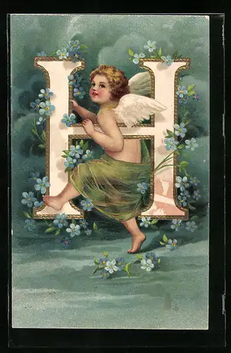 AK Amor mit Buchstabe H und Blumen-Vergissmeinnicht