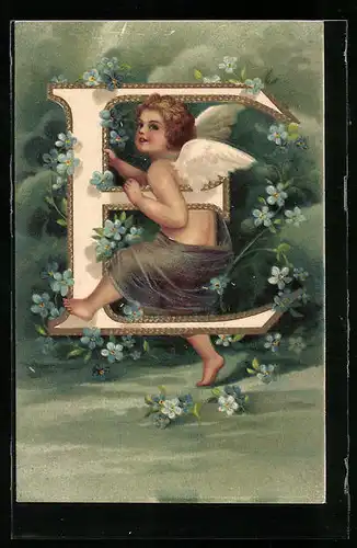 AK Engel läuft mit Buchstaben E unter dem Arm, von blauen Blumen umrankt