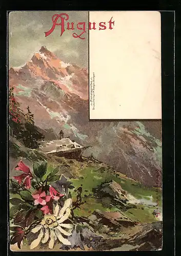 Künstler-AK Theodor Guggenberger: Allegorische Darstellung des Monats August, Blüten mit Bergpanorama