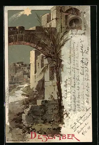 Künstler-AK Theodor Guggenberger: Dezember, Ortspartie mit Sternschnuppe